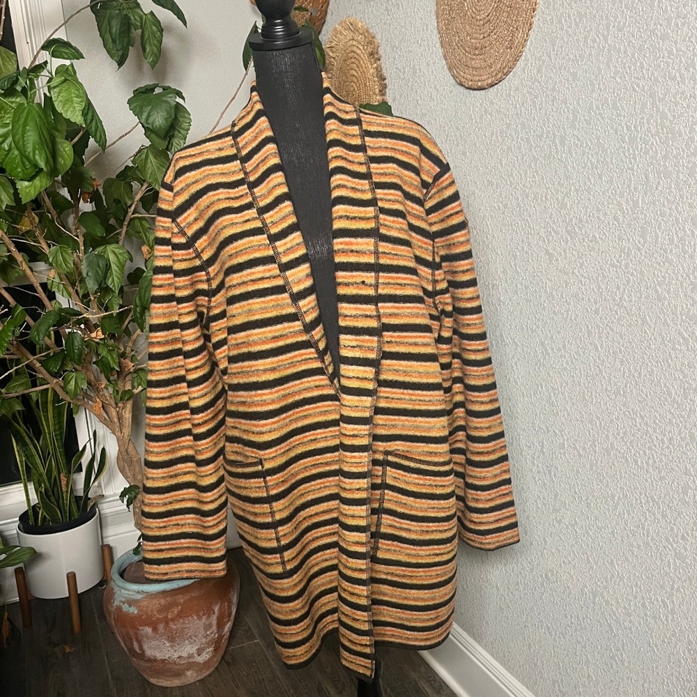 Josephine Chaus Womens XL 100% Wool Striped Open Front Longline Cardigan Sweater